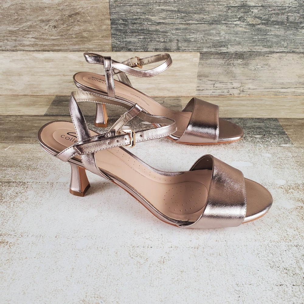 Clarks Collection Evalynne May Womens Sandals Sz 9.5 M Metallic Gold Kitten Heel